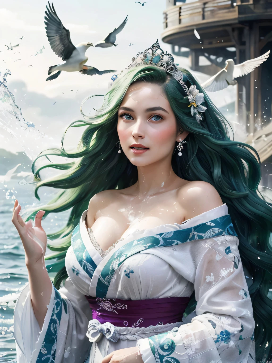 Green hair, very very long wavy hair, hair strands, super details, 1girl, flowy white strapless dress, wide sleeves open kimono, high tides, flying birds, water splashing, queen, frills-trimmed, intricate luxurious headpiece, blue eyes, victorian era, medium shot,,