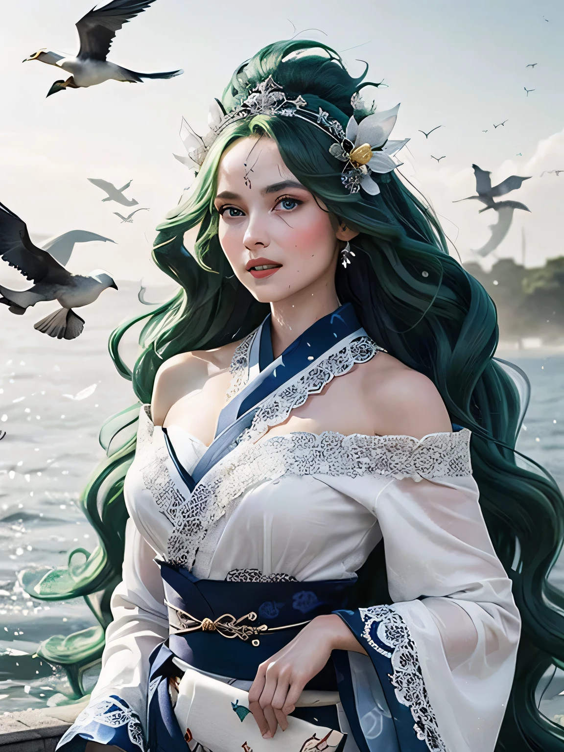 Green hair, very very long wavy hair, hair strands, super details, 1girl, flowy white strapless dress, wide sleeves open kimono, high tides, flying birds, water splashing, queen, frills-trimmed, intricate luxurious headpiece, blue eyes, victorian era, medium shot,,