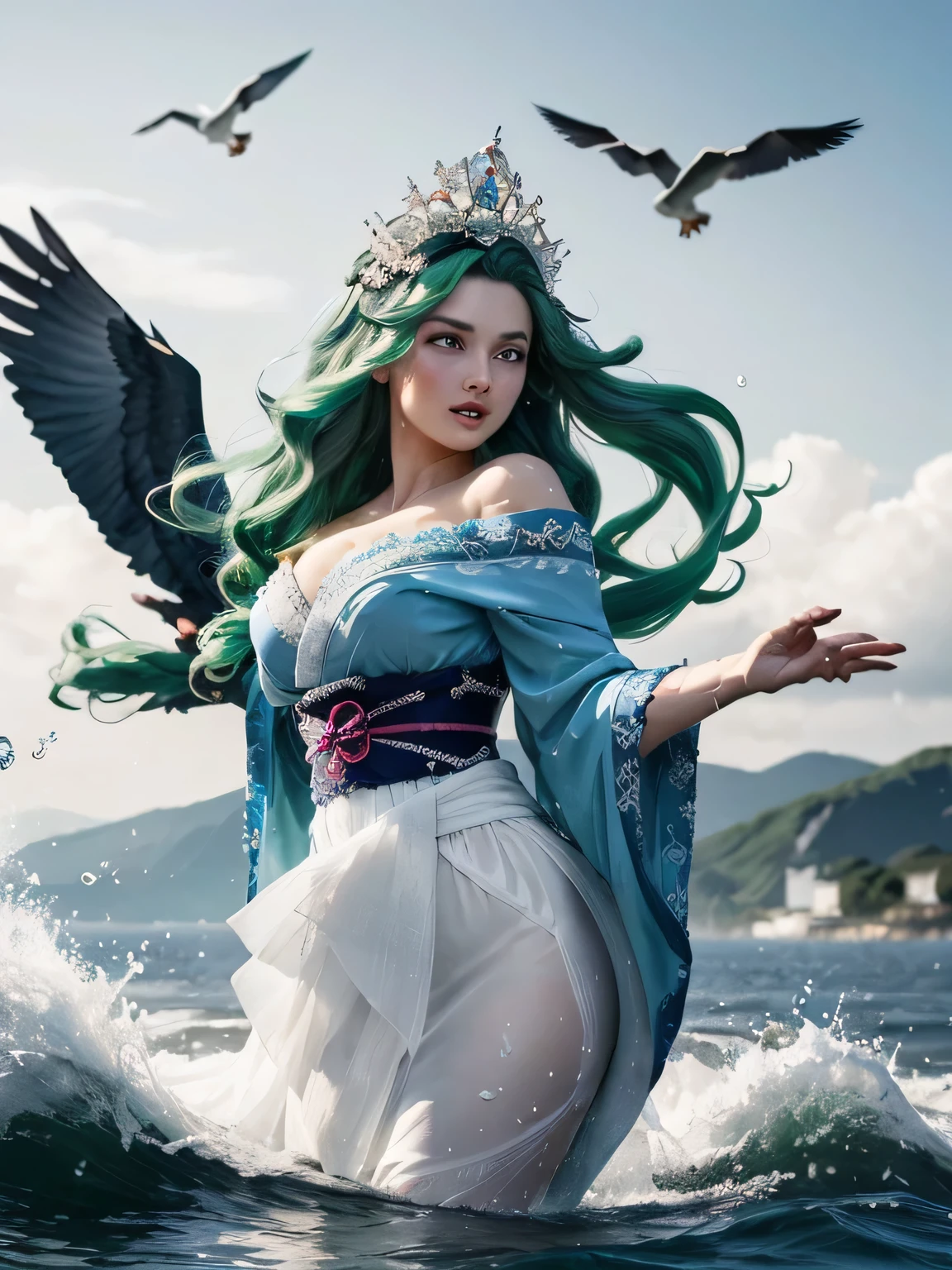 Green hair, very very long wavy hair, hair strands, super details, 1girl, flowy white strapless dress, wide sleeves open kimono, high tides, flying birds, water splashing, queen, frills-trimmed, intricate luxurious headpiece, blue eyes, victorian era, medium shot,,