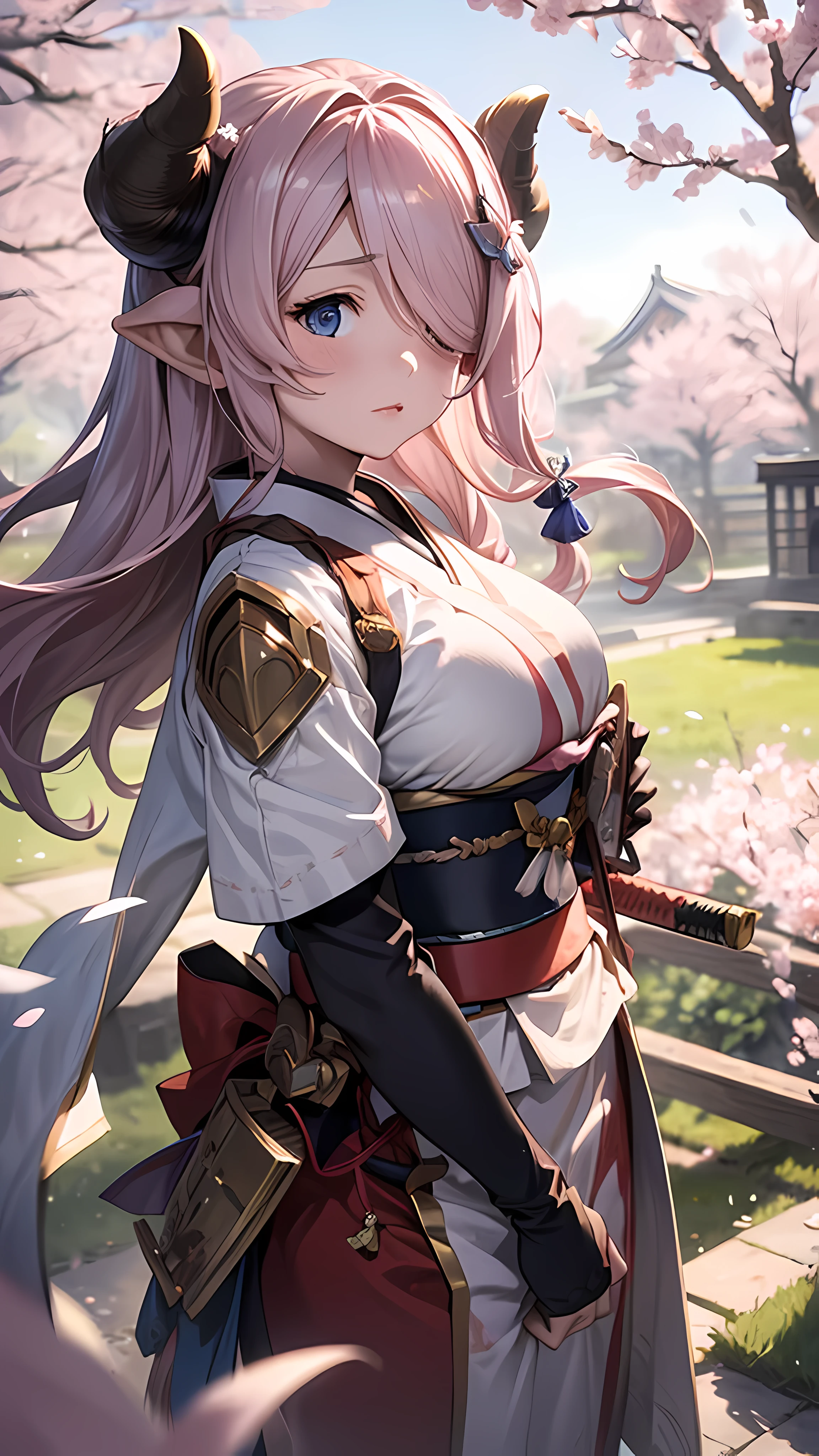 (best quality,4k,8k,highres,masterpiece:1.2),ultra-detailed,(realistic,photorealistic,photo-realistic:1.37),Narmaya wearing samurai armor in a forest of Cherry Blossoms,beautiful detailed eyes,beautiful detailed lips,extremely detailed eyes and face,long eyelashes,samurai armor,golden armor,Japanese sword,delicate armor details,flowing cherry blossoms,dappled sunlight,sun rays filtering through the trees,serene atmosphere,petals falling gracefully,faint scent of cherry blossoms,samurai warrior,fierce and determined expression(light),elegant and graceful posture,ancient Japanese art style,watercolor painting,soft and vibrant colors,subtle pink and white hues,gentle lighting,harmonious blend of colors and shadows, ((samurai armor)), 