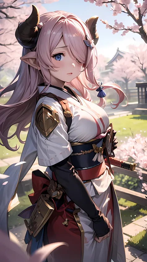 (best quality,4k,8k,highres,masterpiece:1.2),ultra-detailed,(realistic,photorealistic,photo-realistic:1.37),Narmaya wearing samurai armor in a forest of Cherry Blossoms,beautiful detailed eyes,beautiful detailed lips,extremely detailed eyes and face,long e...