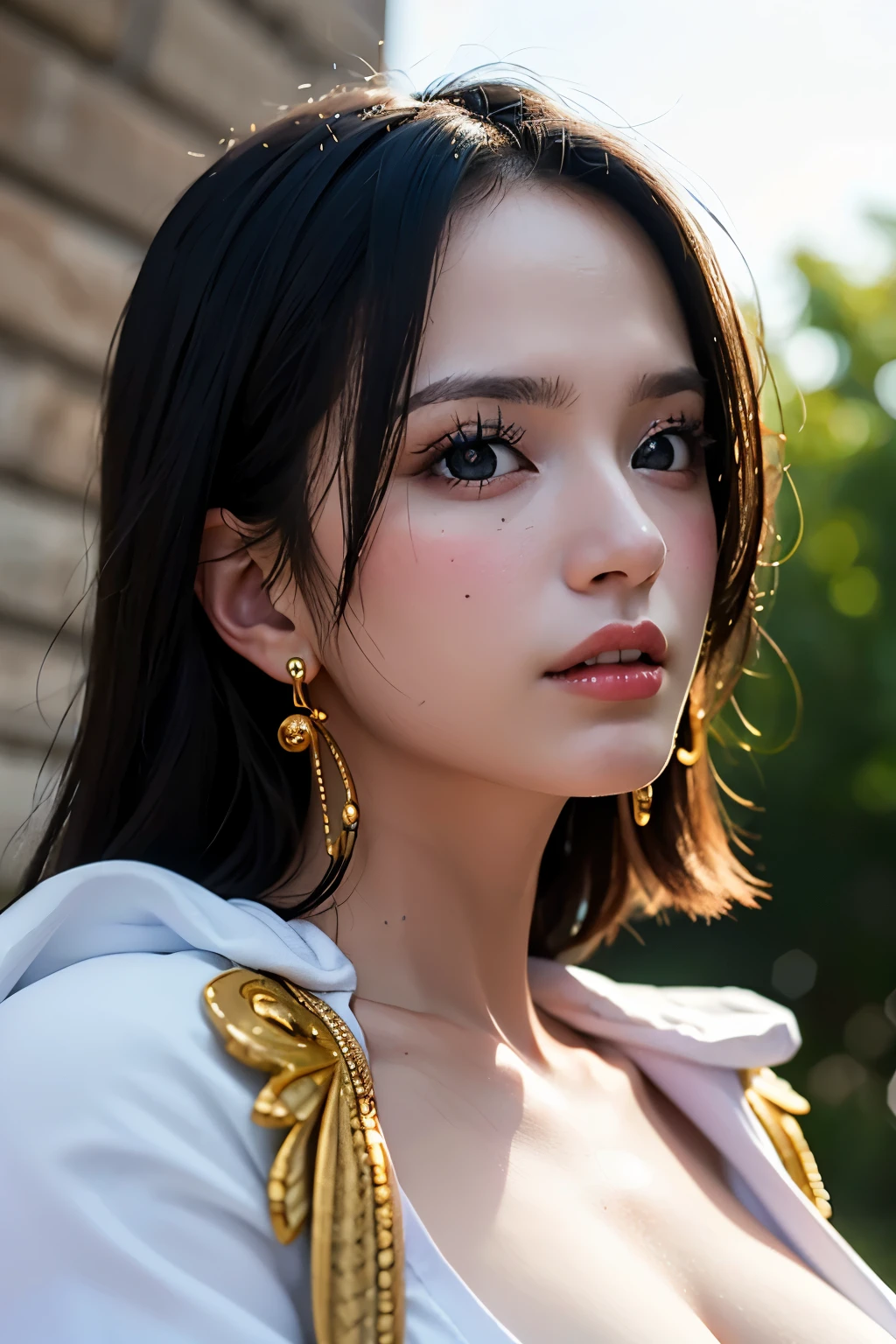 (masterpiece), (best quality), (realistic), Nikon RAW photo, Fujifilm XT3,  (detailed, 21 years old young lady captain, big eyes, snake golden earring, looking away), sensual, (ultra detailed), 8k, 4k, intricate, upper_body, detailed_face, best lighting, outdoors, makeup, bleach background, low rise,(masterpiece, best quality:1.4), (face focus:1.5), outside, (near the sea), 1girl, solo, hancock1, 1girl, boa hancock, big breasts, cleavage, long hair, epaulettes, cape, (white cape:1), crop top, long sleeves, side slit, (european youth woman:1), looking at viewer, beautifull smile, beautiful face, highly detailed face, highly detailed eyes, subsurface scattering, realistic pupils, full face blush, full lips, detailed background, depth of field, volumetric lighting, sharp focus, absurdres, realistic proportions, (realistic, hyperrealistic:1.4), 16k hdr
