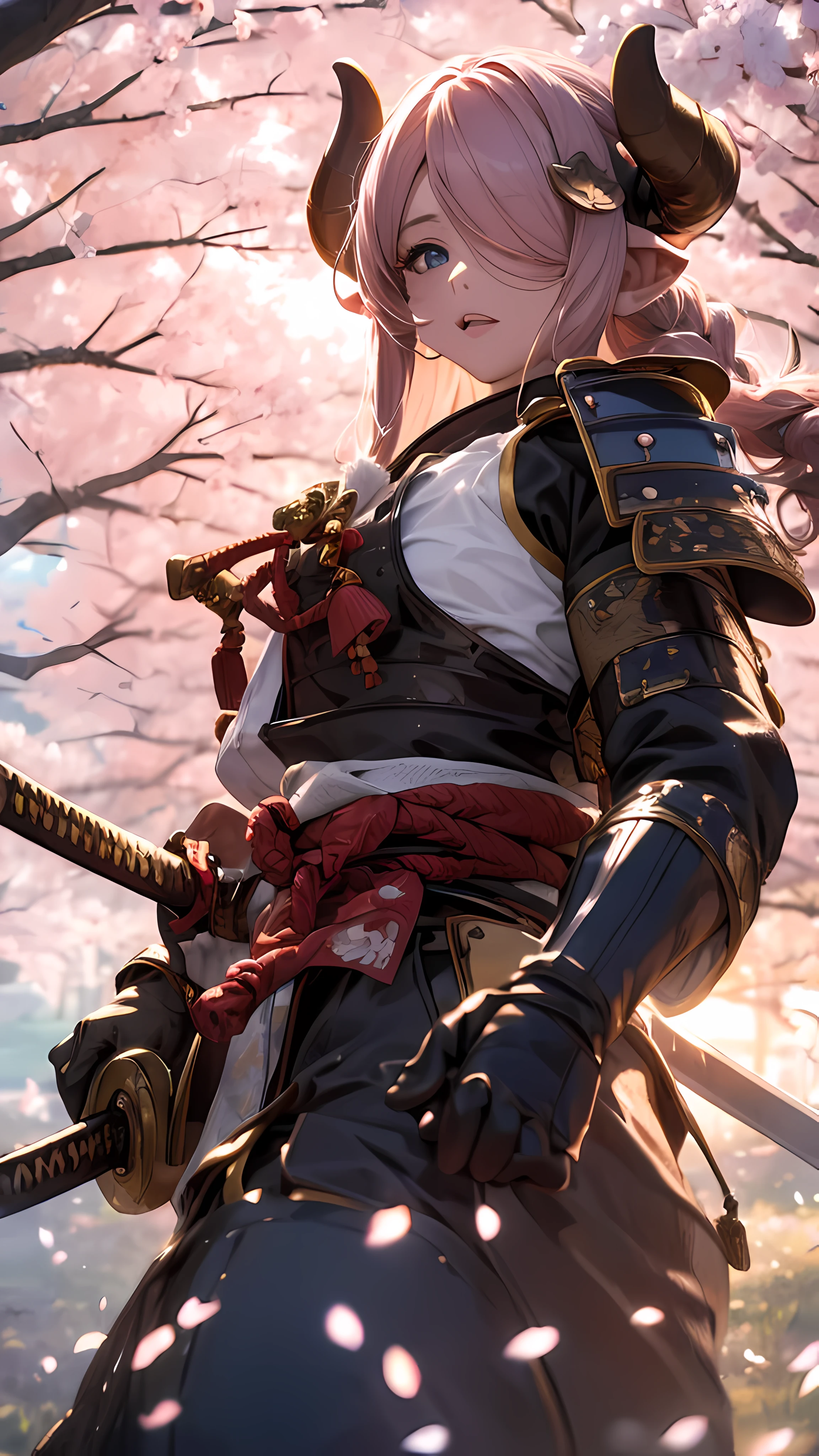 (best quality,4k,8k,highres,masterpiece:1.2),ultra-detailed,(realistic,photorealistic,photo-realistic:1.37),Narmaya wearing samurai armor in a forest of Cherry Blossoms,beautiful detailed eyes,beautiful detailed lips,extremely detailed eyes and face,long eyelashes,samurai armor,golden armor,Japanese sword,delicate armor details,flowing cherry blossoms,dappled sunlight,sun rays filtering through the trees,serene atmosphere,petals falling gracefully,faint scent of cherry blossoms,samurai warrior,fierce and determined expression(light),elegant and graceful posture,ancient Japanese art style,watercolor painting,soft and vibrant colors,subtle pink and white hues,gentle lighting,harmonious blend of colors and shadows, ((detailed heavy samurai armor)), 