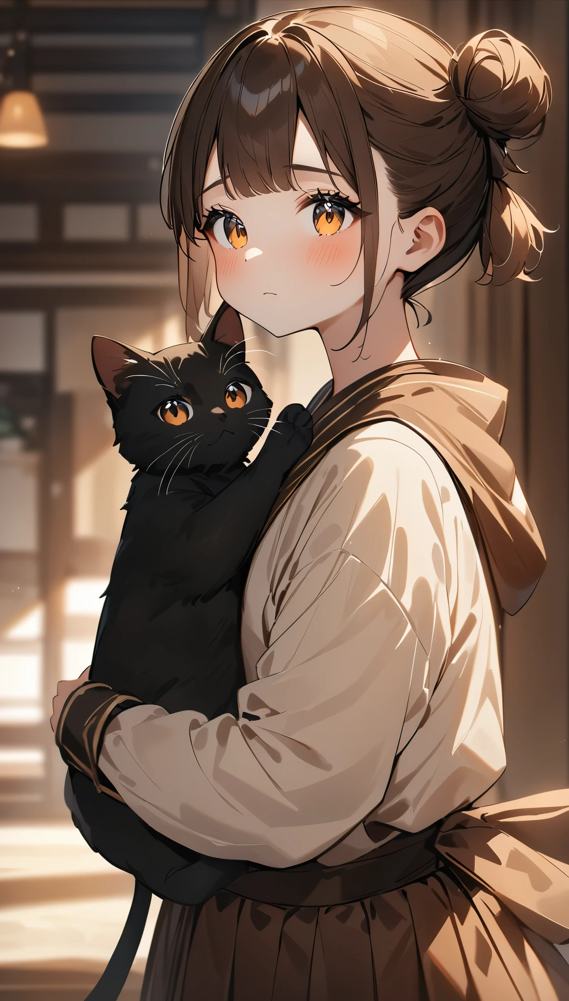 highest quality、Black catを抱く女の子、cute 14 year old girl、Bun hair with brown hair tied、Black cat、natural look、long shot、Natural light、masterpiece:1.5、highest quality、ultra high resolution、medium depth of field