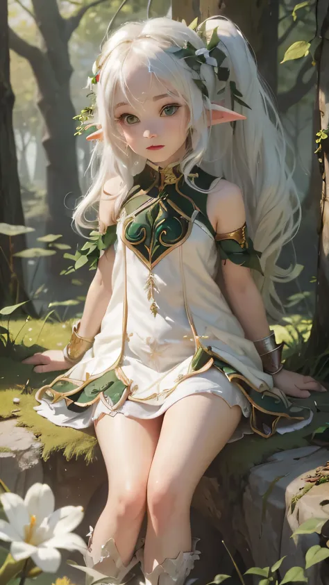 Realistic girl with white hair and green eyes sitting on a rock, elf girl, cute in a nice dress, white haired deity, alluring el...