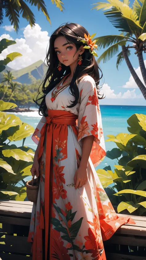 beautiful Hawaiian girl in traditional dress, long dark hair, tropical landscape