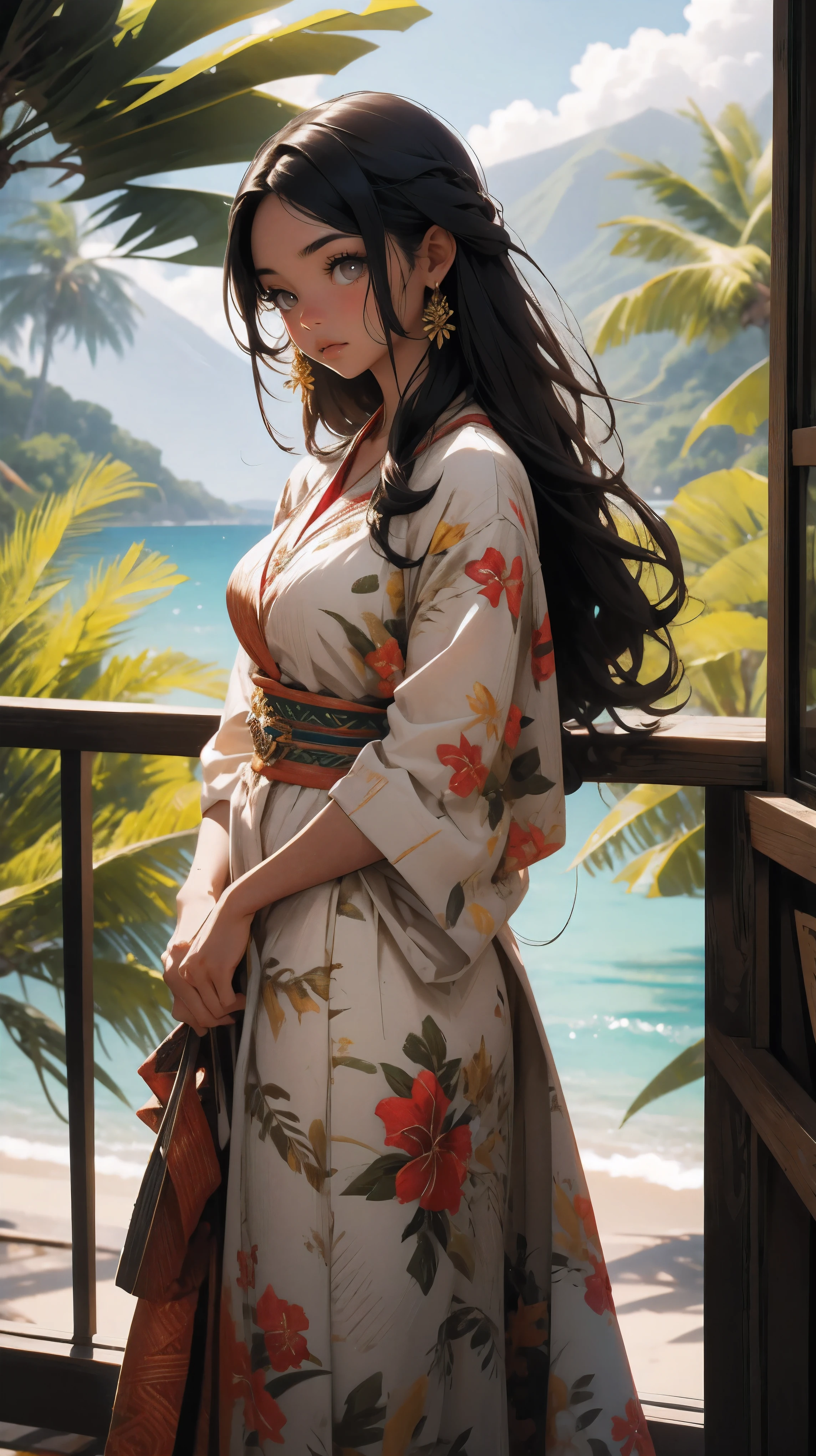 beautiful Hawaiian girl in traditional dress, long dark hair, tropical landscape