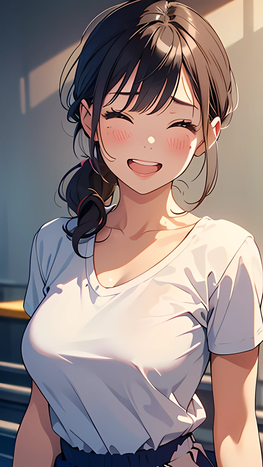 masterpiece,best quality, ultra high res,(beautiful woman:1.2),(beautiful Busty breasts:1),(happy:1.2),(enjoy:1.2), (dark hair:1), (short low ponytail:1.2), medium hair,a sexy mole around the mouth,wet lip, (burst into laughter:1.4), (squinting:1.4),(simple plain uniform:1.5),(gym uniform:1), school gym clothes,(plain:1.8),(wearing round neck white t-shirt:1.2), navy blue short Sweatpants , upper body shot