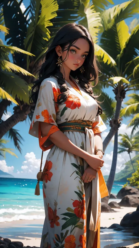 beautiful Hawaiian girl in traditional dress, long dark hair, tropical landscape