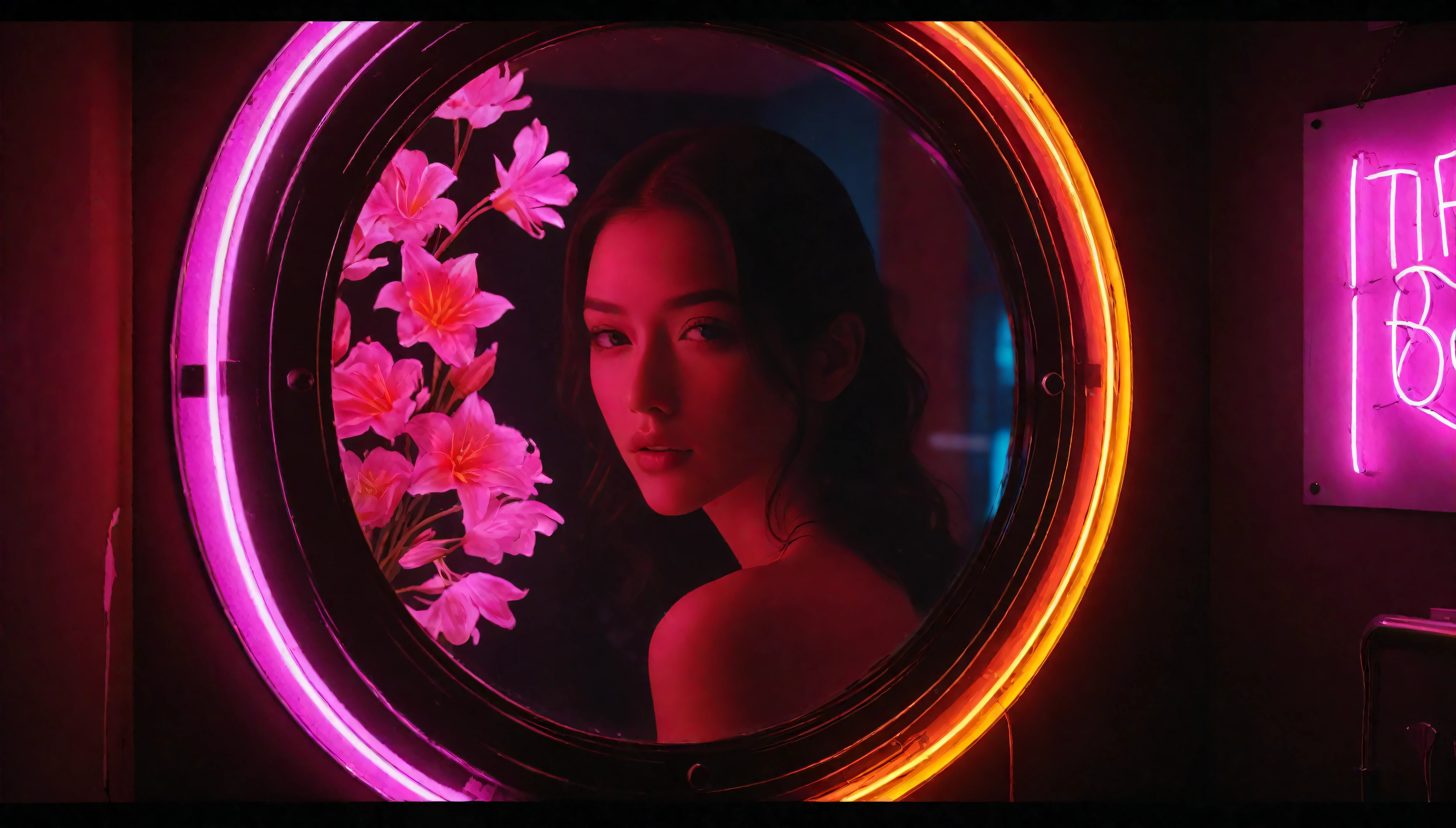 ((Masterpiece in maximum 16K resolution):1.6),((soft_color_photograpy:)1.5), ((Ultra-Detailed):1.4),((Movie-like still images and dynamic angles):1.3). | (Macro shot cinematic photo of a neon sign lamp in a fancy bathroom mirror), ((neon sign):1.5), (dim background), (macro lens), (illuminate), (luminous object), (fancy bathroom), (shimmer), (aromatic flowers), (visual experience),(Realism), (Realistic),award-winning graphics, dark shot, film grain, extremely detailed, Digital Art, rtx, Unreal Engine, scene concept anti glare effect, All captured with sharp focus. | Rendered in ultra-high definition with UHD and retina quality, this masterpiece ensures anatomical correctness and textured skin with super detail. With a focus on high quality and accuracy, this award-winning portrayal captures every nuance in stunning 16k resolution, immersing viewers in its lifelike depiction. | ((perfect_composition, perfect_design, perfect_layout, perfect_detail, ultra_detailed)), ((enhance_all, fix_everything)), More Detail, Enhance.