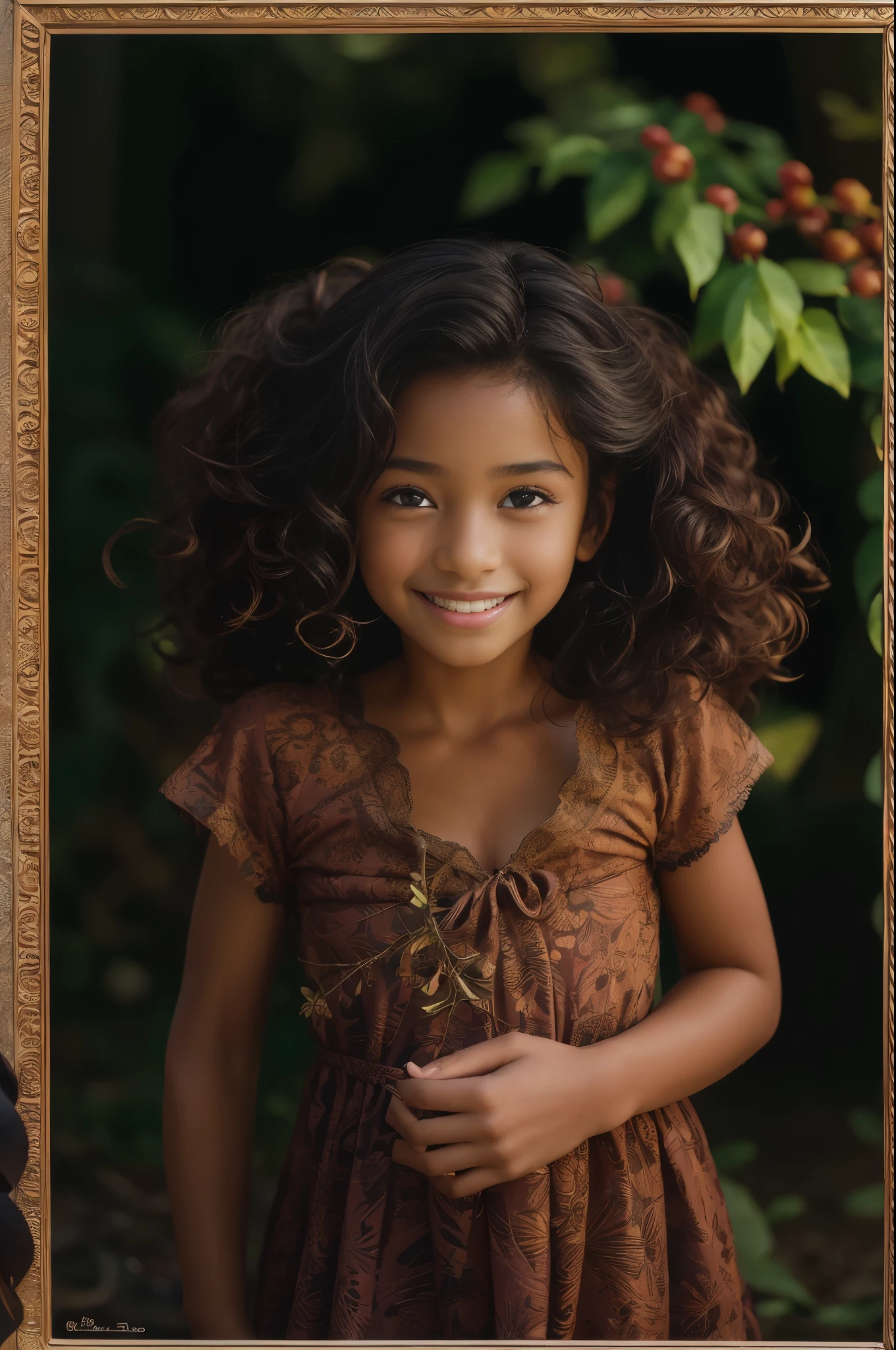 (portrait, photographie éditoriale d&#39;une belle fille noire de 4 ans, visage adorable, cheveux longs bruns bouclés, ((des yeux noisette)), Nikon D850, photographie de pellicule ,4 Kodak Portra 400 ,caméra f1.6 lentilles ,couleurs riches ,hyper réaliste ,texture réaliste, éclairage dramatique, (visage très détaillé:1.4), yeux parfaits, iris réaliste, des dents parfaites, (sourire:0.7), (fond sombre, ombre des feuilles), (clivage)

