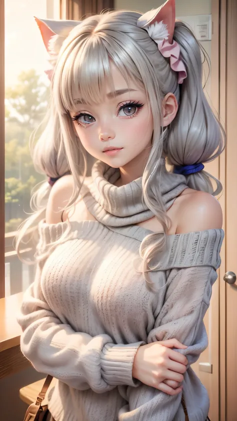 1girl,  (off_shoulder sweater ), blush, (smile:1),   (gray hair, twintails:1), upper_body,  nekomimi, hair scrunchie