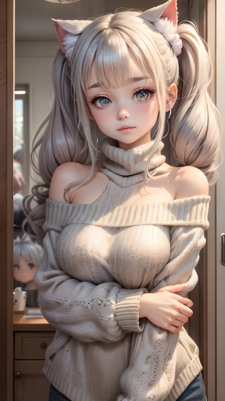  1girl,  (off_shoulder sweater ), blush, (smile:1),   (gray hair, twintails:1), upper_body,  nekomimi, hair scrunchie