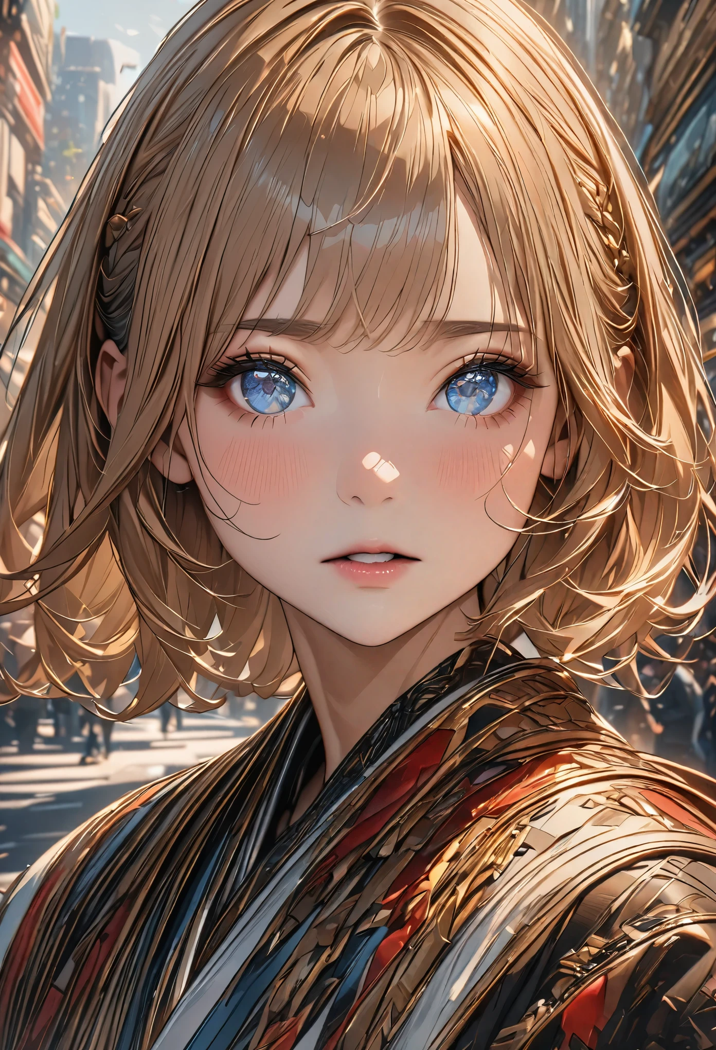 (highest quality:0.8), Extreme close-up portrait of a pretty woman walking in the city、(((highest quality、ultra high resolution、Super detailed、master piece:1.5、８ｋ、１６ｋ、Portrait)))