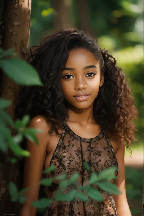 (portrait, editorial photograph of a beautiful black girl age 13, adorable face, long brown curly hair, ((hazel eyes)), nikon d8...