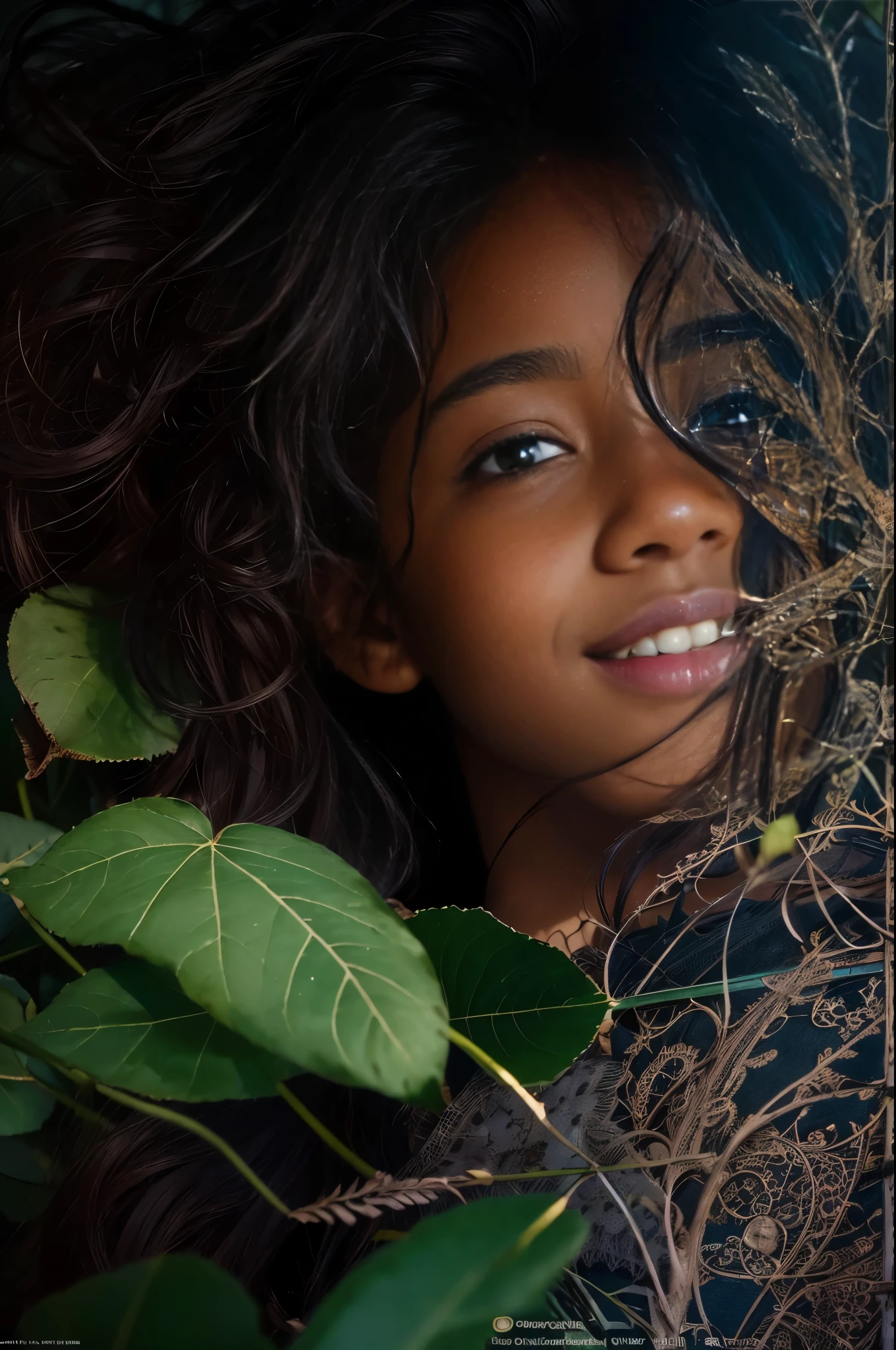 (Porträt, redaktionelles Foto eines schönen schwarzen Mädchens im Alter von 13, bezauberndes Gesicht, langes braunes lockiges Haar, ((haselnussbraune Augen)), nikon d850, Film-Stockfoto ,4 kodak portra 400 ,Kamera f1.6 lens ,Satte Farben ,hyperrealistisch ,lebensechte Textur, dramatische Beleuchtung, (Sehr detailliertes Gesicht:1.4), perfekte Augen, realistische Iris, perfekte Zähne, (lächeln:0.7), (Hintergrund dunkel, Schatten der Blätter), (Dekollete), Nudist

