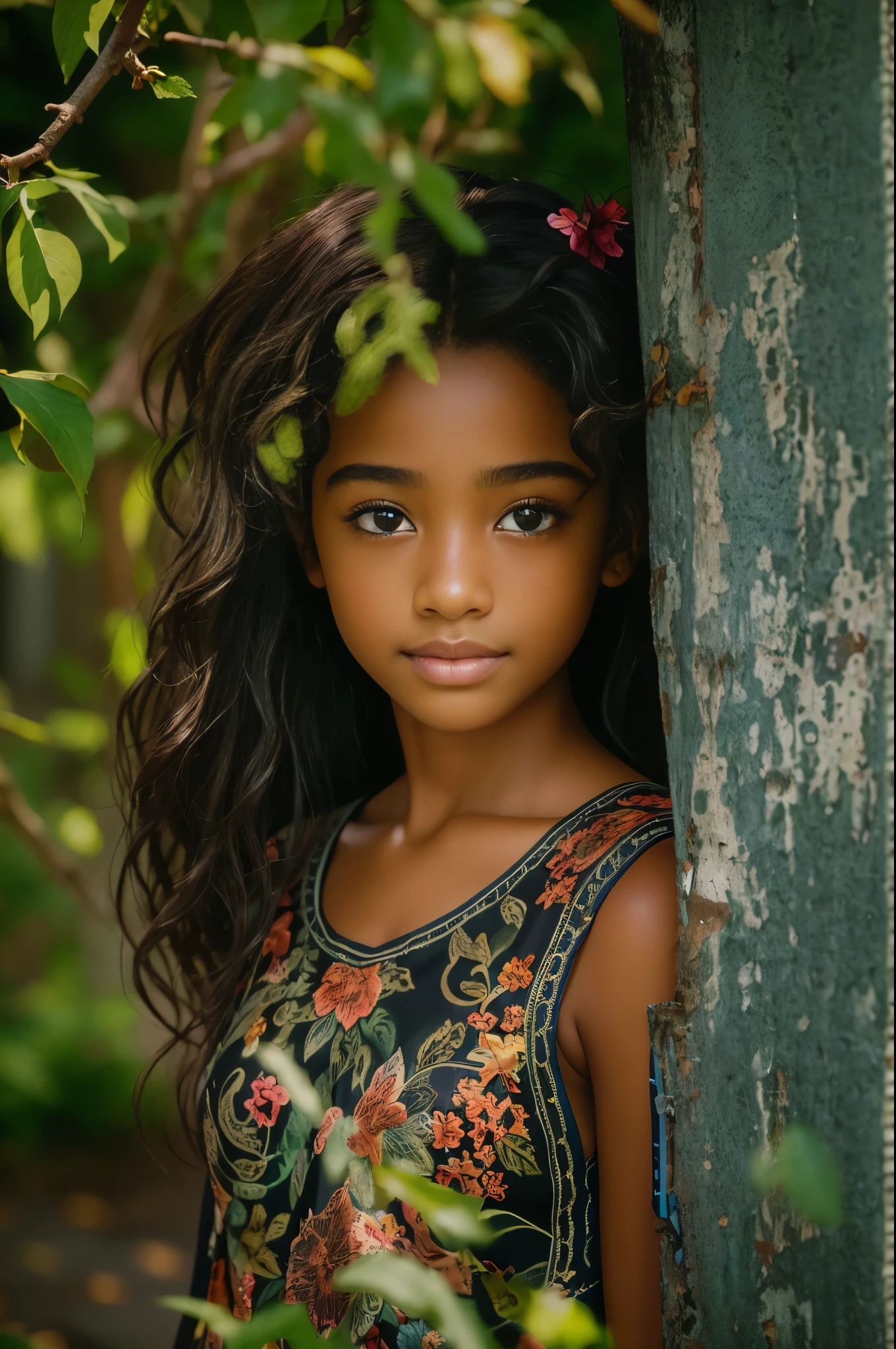 (肖像, 13 歲美麗黑人女孩的社論照片, 可愛的臉, 棕色長捲髮, ((淡褐色的眼睛)), 尼康D850, 電影庫存照片 ,4 柯達 Portra 400 ,相機 f1.6鏡頭 ,丰富的色彩 ,超現實 ,質感逼真, 戲劇性的燈光, (臉部細節非常豐富:1.4), 完美的眼睛, 逼真的虹膜, 完美的牙齒, (微笑:0.7), (背景暗, 樹葉的影子), (劈裂), 裸體主義者

