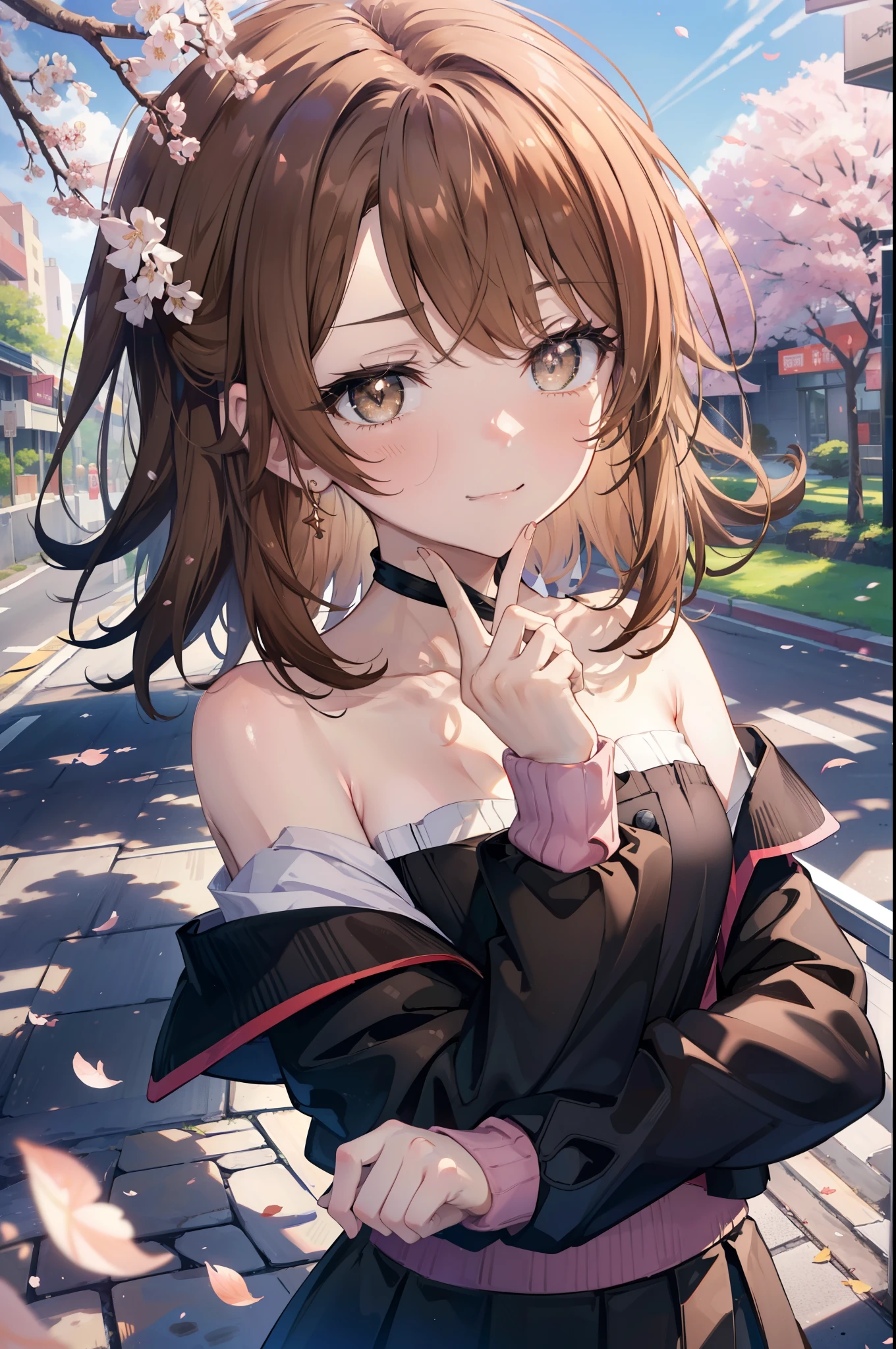 irohaisshiki, iroha isshiki, long hair, brown hair, (brown eyes:1.5), happy smile, smile, open your mouth,Put your hand over your mouth and make a peace sign,towards the camera,off shoulder sweater,bare shoulders,bare clavicle,naked neck,black long skirt,black tights,short boots,cherry blossoms are blooming,Cherry blossoms are scattered,
break indoors, Cherry blossom tree-lined path,
break looking at viewer,Upper body,
break (masterpiece:1.2), highest quality, High resolution, unity 8k wallpaper, (shape:0.8), (fine and beautiful eyes:1.6), highly detailed face, perfect lighting, Very detailed CG, (perfect hands, perfect anatomy),