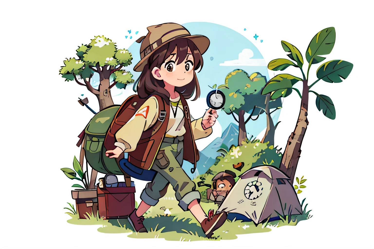 Girl with long brown hair，Put on your adventure suit，（Walking in the forest），holding compass，Carrying a camping backpack（with love）happy，surrounded by clocks，（surrounded by love），O sign，vector，line art，design，inspiration，straight line，RHAD