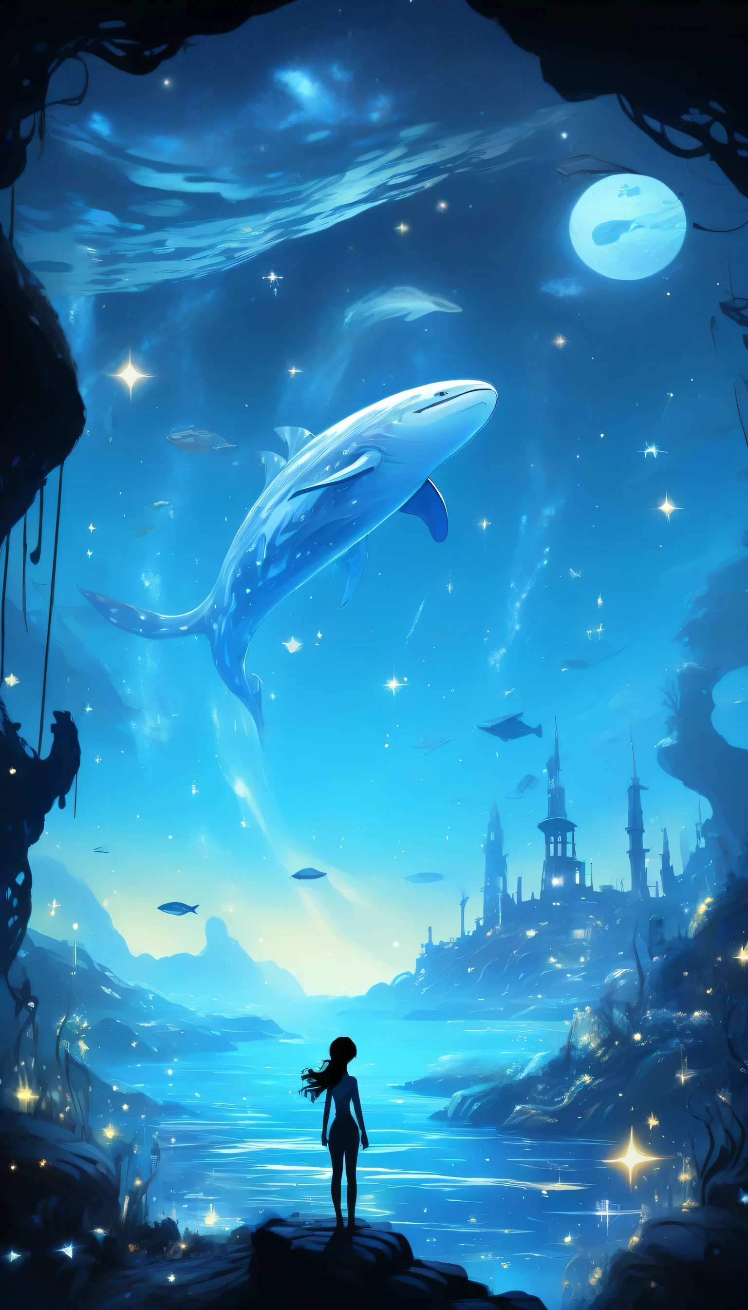 (1girl:1.3),arien_faitytale,fantastic world,undersea starry sky,