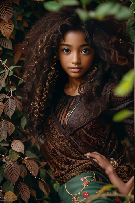 (portrait, editorial photograph of a beautiful black girl age 13, adorable face, long brown curly hair, ((hazel eyes)), nikon d8...