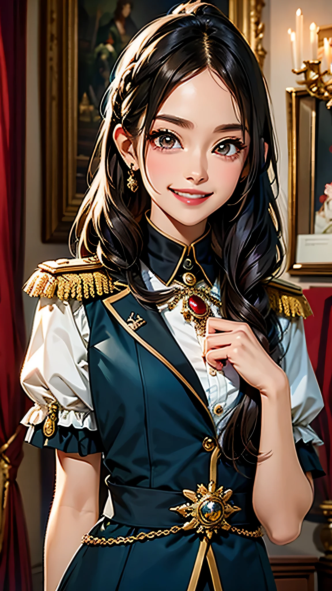 ((masterpiece, highest quality)),edge quality,grin,smug,black hair
Edge Elegant, 1 girl, alone, long hair, chest, looking at the viewer, blush, open your mouth, epaulettes,Elegant wearing edge