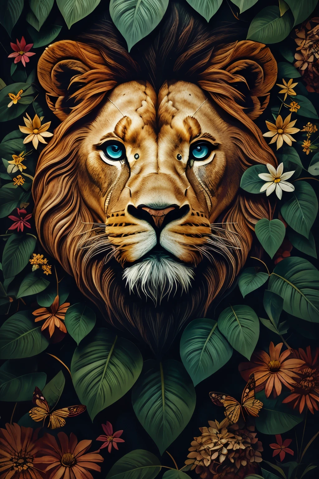 contemporary art collage, lion head, With flowers and leaves, some smart insects, painted, Super detailed, full color, bright colors, 8K, actual