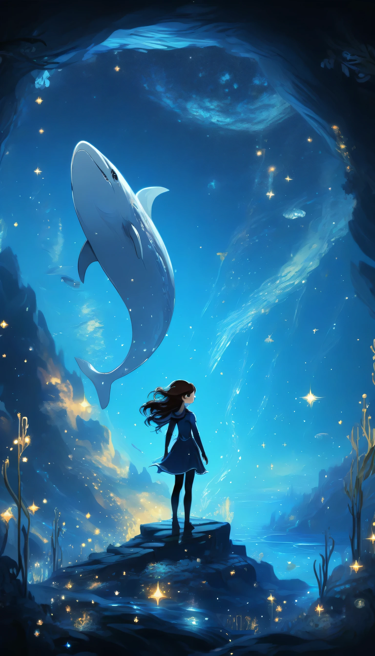 (1girl:1.3),arien_faitytale,fantastic world,undersea starry sky,