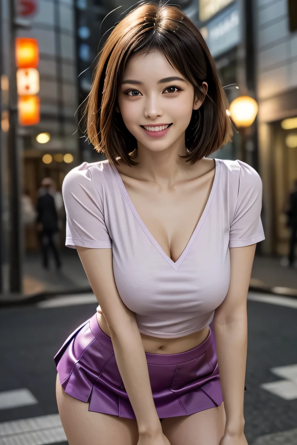 (Photoreal:1.4), (Super detailed), (highest quality), (best shadow), (masterpiece), ultra high resolution, 1 Ultimate beautiful mature woman, highly detailed face, (perfect teeth), fine eyes, double eyelid, eyelash, lip details, short black hair, (light purple fancy blouse:1.2), (red tight mini skirt:1.3), light pink panties, (big breasts), smile, thighs, Depth of written boundary, perfect lighting, With background: (Tokyo Ginza street)