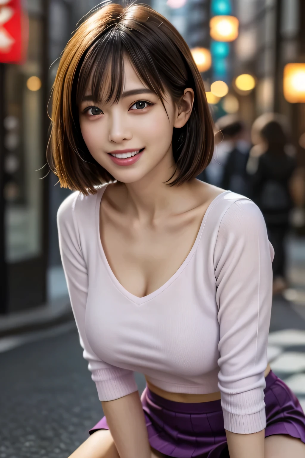 (Photoreal:1.4), (Super detailed), (highest quality), (best shadow), (masterpiece), ultra high resolution, 1 Ultimate beautiful mature woman, highly detailed face, (perfect teeth), fine eyes, double eyelid, eyelash, lip details, short black hair, (light purple fancy blouse:1.2), (red tight mini skirt:1.3), light pink panties, (big breasts), smile, thighs, Depth of written boundary, perfect lighting, With background: (Tokyo Ginza street)