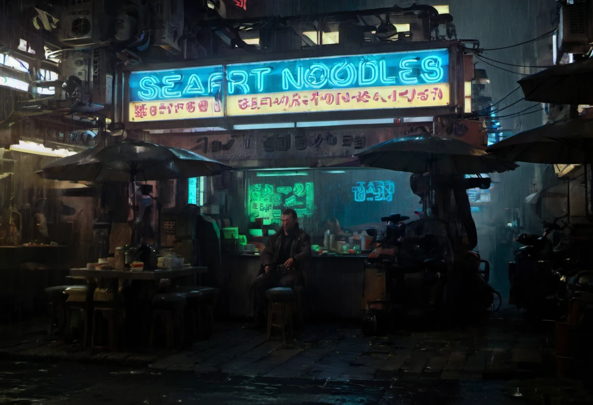 Deckard sitting at a noodle food stand, the stand has a neon sign that reads "SEAART NOODLES", in a wet tokyo bladerunner scene at night, the dreamlike reflections ripple across the various surfaces