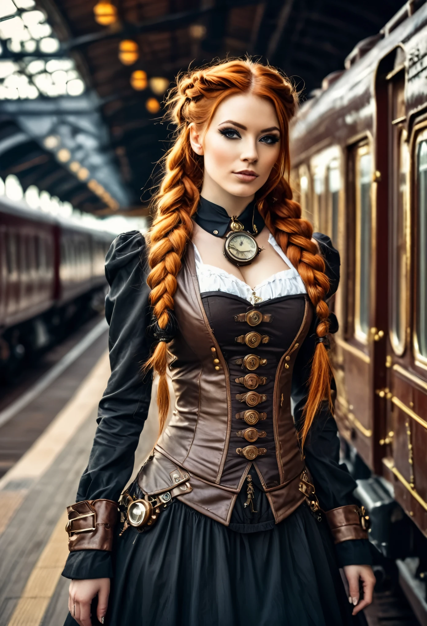 (Realistisch:1.2), analoger Fotostil, schöne Frau, posiert, mit langen roten Haaren geflochten, (Steampunk, dunkle Fantasy-Atmosphäre), Sanftes Tageslicht, Süß und sexy, großartige Qualität, trage ein süßes Strampunkkleid und schaue dich an, steampunkroom, Meisterwerk, detaillierter seltsamer Hintergrund, bessere Leistung, 16K-Qualität, HDR, RAW-Foto, Steampunk Train Station, Steampunk Train