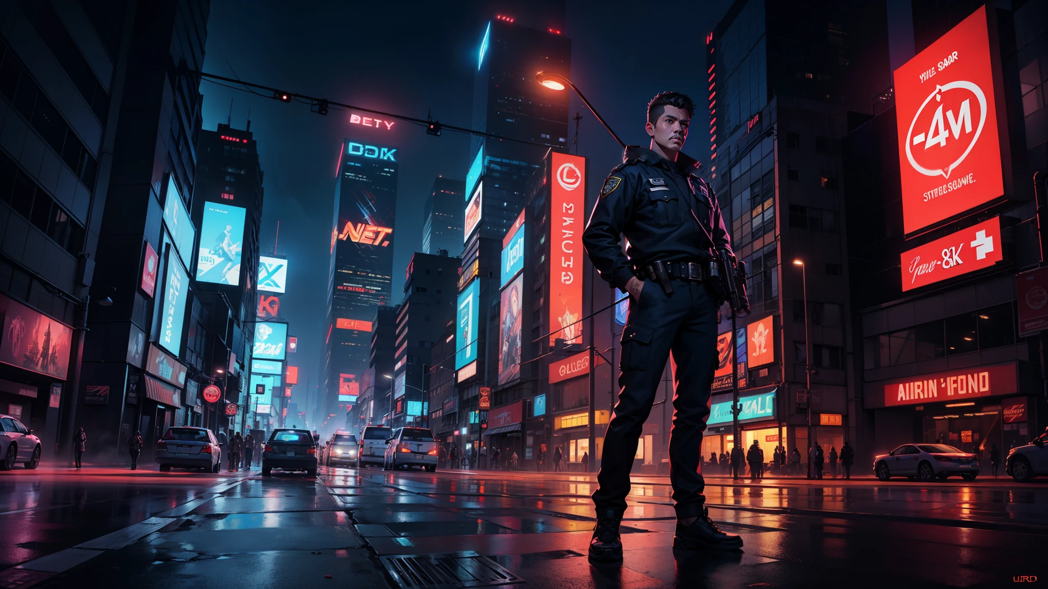 (best quality,4k,8k,highres,masterpiece:1.2), ultra-detailed, (realistic,photorealistic,photo-realistic:1.37), 1girl, a fullbody, a landscape, cyberpunk, city, street, (((advertising banners))), (crime scene, Police, detective), (neon:1.4), (skyscrapers), illustrations, oil paintings, HDR, UHD, studio lighting, ultra-fine painting, sharp focus, physically-based rendering, extreme detail description, professional, vivid colors, bokeh, portraits, anime, futuristic colors, street lights, night scene.