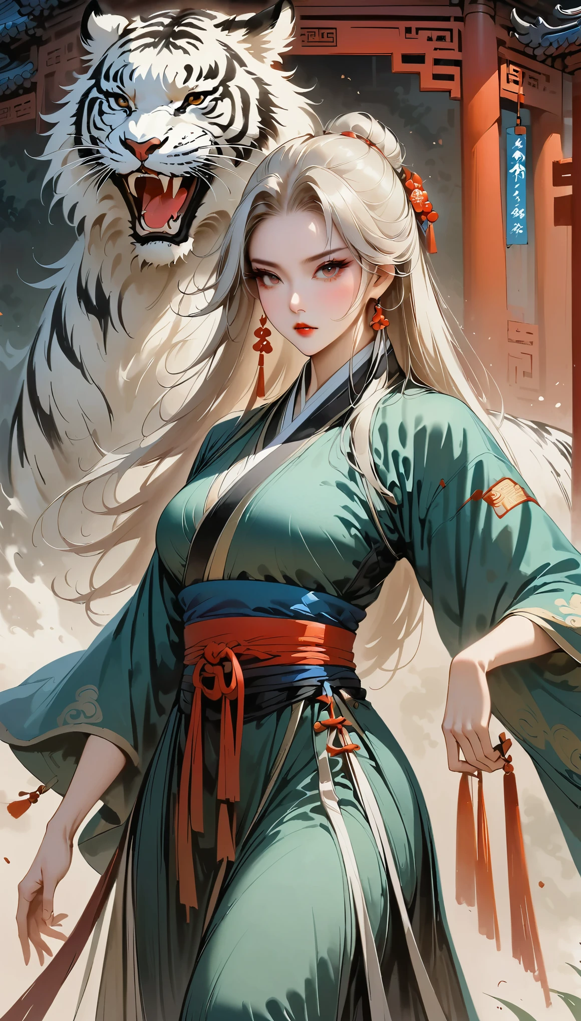 (masterpiece, best quality:1.2),martial arts风格，Chinese comics，martial arts，attack action，Gaze at the viewer，1 girl，black hanfu，red waistband，flowing skirt，tiger，ink：1.37