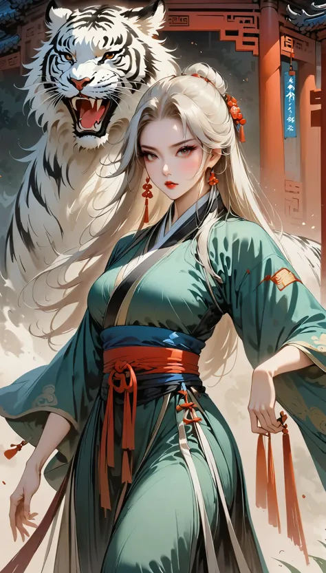 (masterpiece, best quality:1.2), female general，white hair，metal armor，tiger：1.37，black hanfu，elegant，simple，Ink martial arts st...