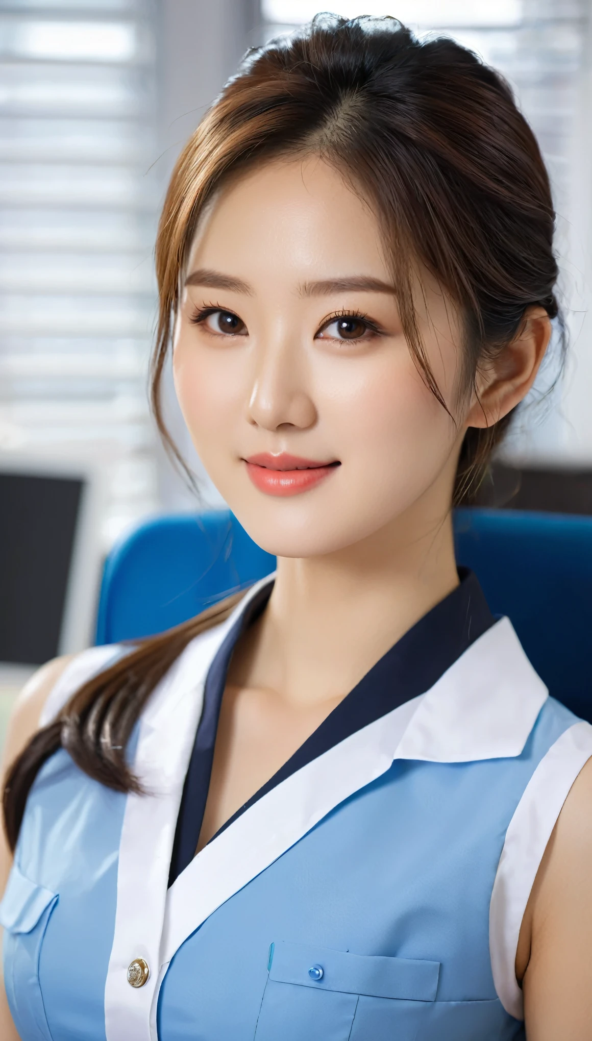 Close-up de uma linda mulher coreana, Tamanho dos seios de 36 polegadas, sorria levemente, vestindo um vestido azul, uniforme do centro de vendedor com tema preto e branco sem mangas, sentado no escritório, 