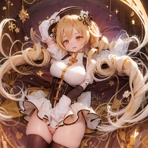 (best quality,ultra-detailed,masterpiece:1.2),expressive eyes,perfect face,beautiful Mami Tomoe,sofisticated pose,long pink hair,golden eyes, pink lips,detailed magical girl costume,dark background,glowing ,anime style,vibrant colors,mysterious aura cute (...