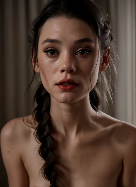 AstBrgs, a completely nude woman with long hair pulled back in two braids and red lips and makeup, she's crying scaredgrey backg...
