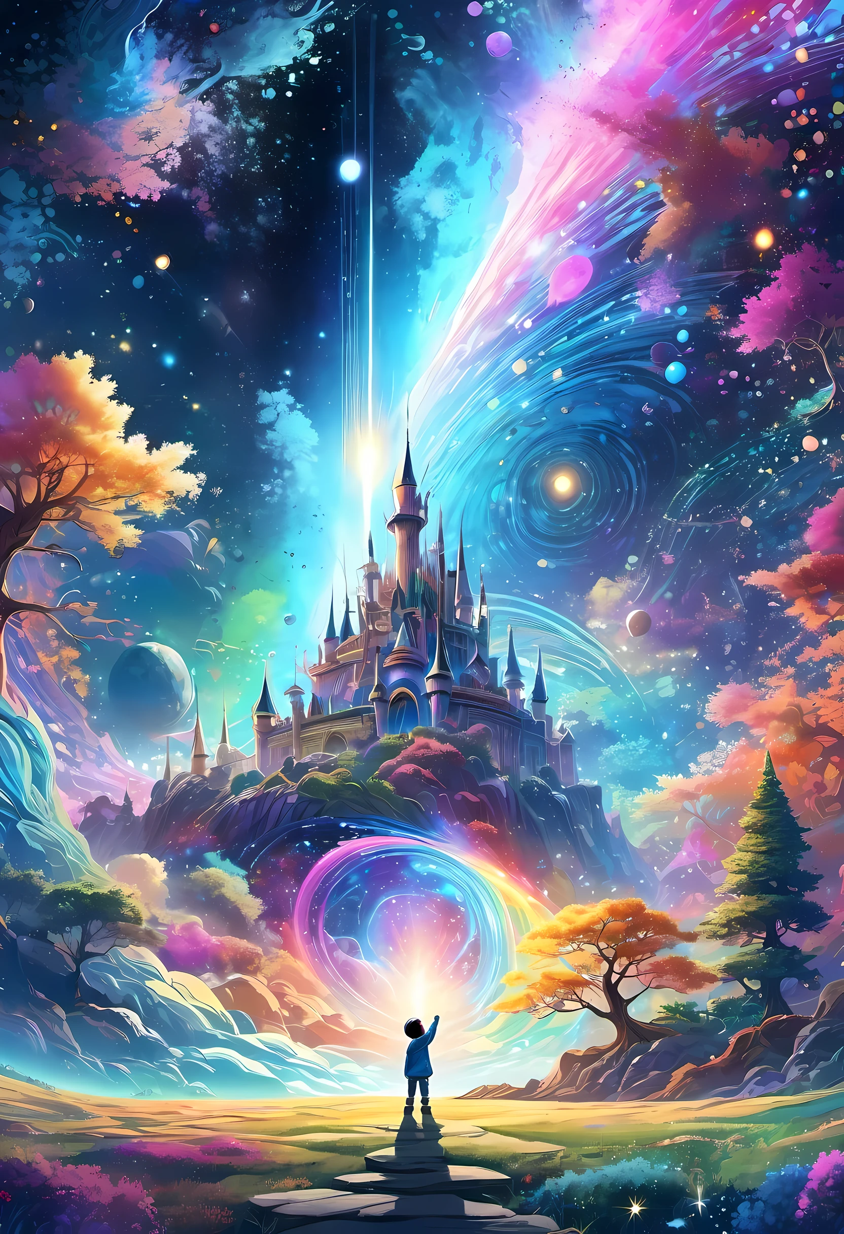 A 5 year old toddler，Pointing to distant cosmic nebulae,Leaning against the tree，（Seven colored hair：1.5），smile to the side，Reach out your hand，Exquisite facial features，blue eyes，beautiful，happy，beautiful castle in the distance，Surrealism，Magic and the light of technology，flowing sparkling liquid，rapidly moving light beam，Time-stretched particle behavior，fantasy background，Background of technological sense，fantasy，celestial body，concept art，radiation，Caustics，diffraction，epic composition，Particles fly along the scene along the lines，Colorful best quality, High Resolution Masterpiece、best quality、Extreme details、illustration、ultra high definition，Ultra-detailed，8k