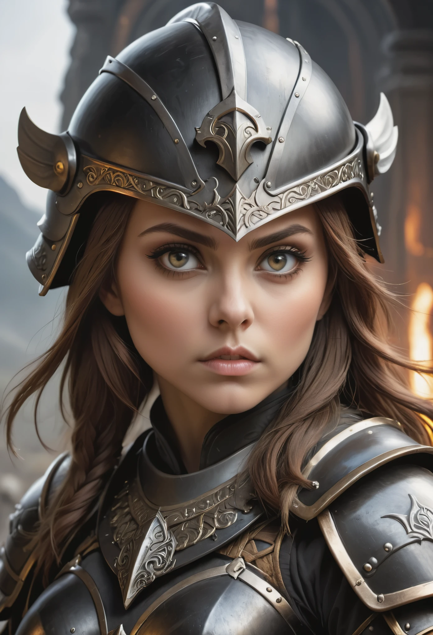 ((best quality)), ((masterpiece)), (detailed), beautiful face, female warrior, (defiance512:1.2), big eyes, heavy black iron armor, detailed helmet, intense gaze, battle-ready, contrasting soft skin, (lighting:1.2), close-up portrait, 4:3 aspect ratio