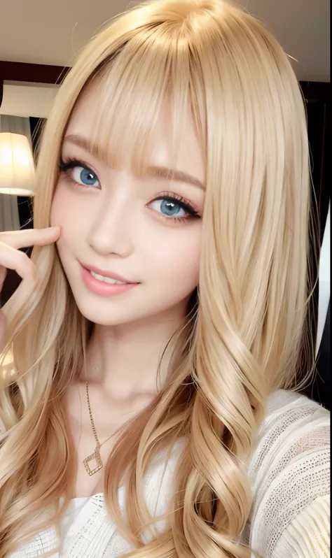 Lovely woman with long blonde hair and long eyelashes 2、flowing long hair、nice soft lighting、gal、harajuku style、wheatish healthy skin tone、After sunburn、perfect slender proportions、濃いgalメイク、Almost naked sexy pose、very fine eyes