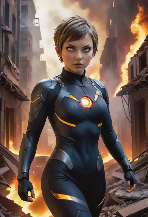 fighting , glowing eyes, short hair,torn tight supersuit, in a destroyed city, smoke and fire, glowing power aura, dynamic pose, dynamic view