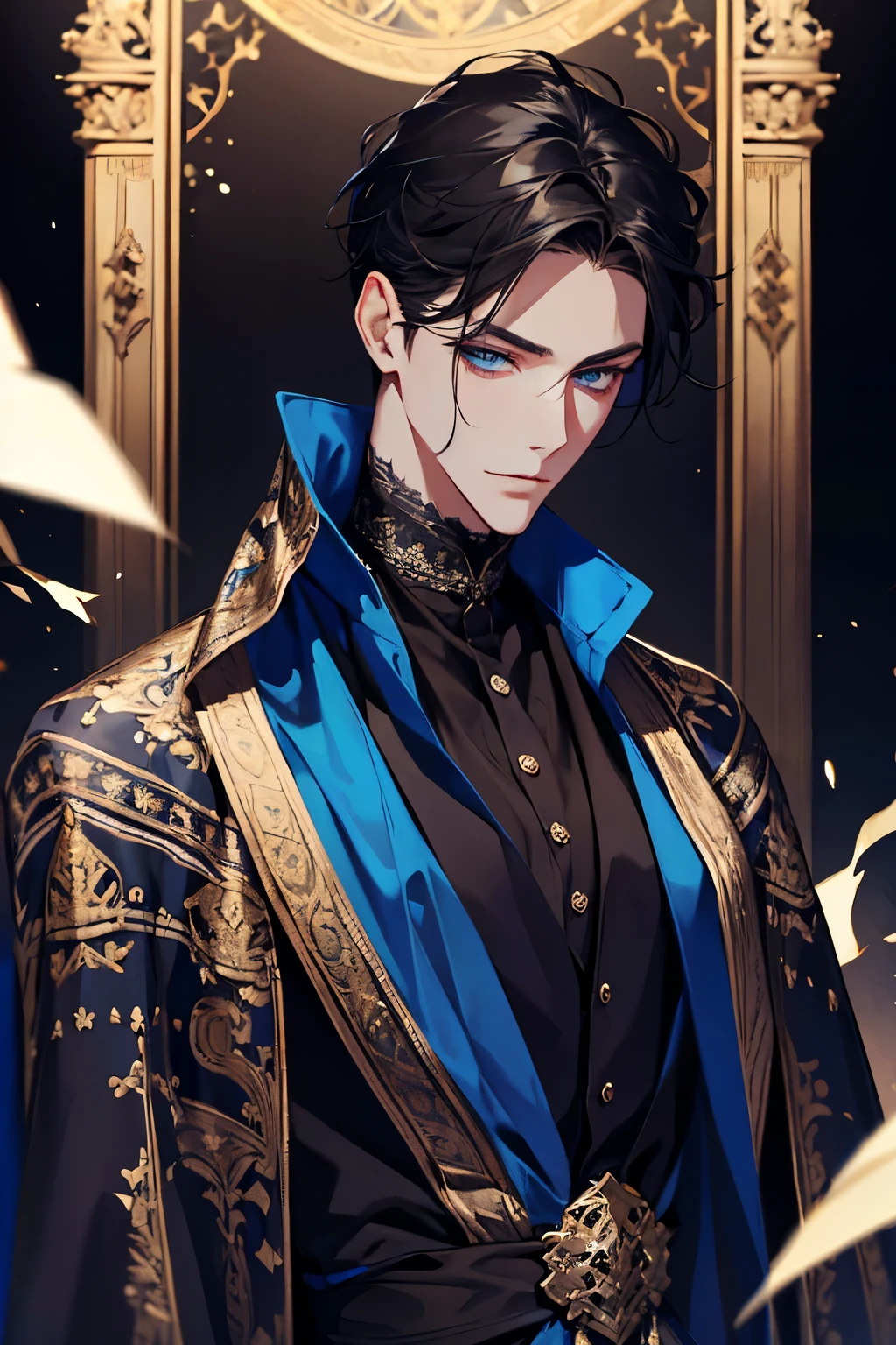 a close up of a person wearing a cape and a cape, wearing fantasy formal clothing, beautiful androgynous prince, ((wearing aristocrat robe)), delicate androgynous prince, regal dark blue clothes, silver brocaded dark blue clothes, costume with blue accents, dark ornate royal robes, imperial royal elegant clothing, elegant cape, royal cape, fur coat, black hair, blue eyes, absurderes，A high resolution，ultra - detailed），1 person，Adult，handsome，tall and muscular boy，a broad shouldered，detailed 25 year old male face, Fine and detailed eyes and detailed face，Short black hair，Onyx-colored eyes，fanciful，shadow effect, flame，Divine brilliance，