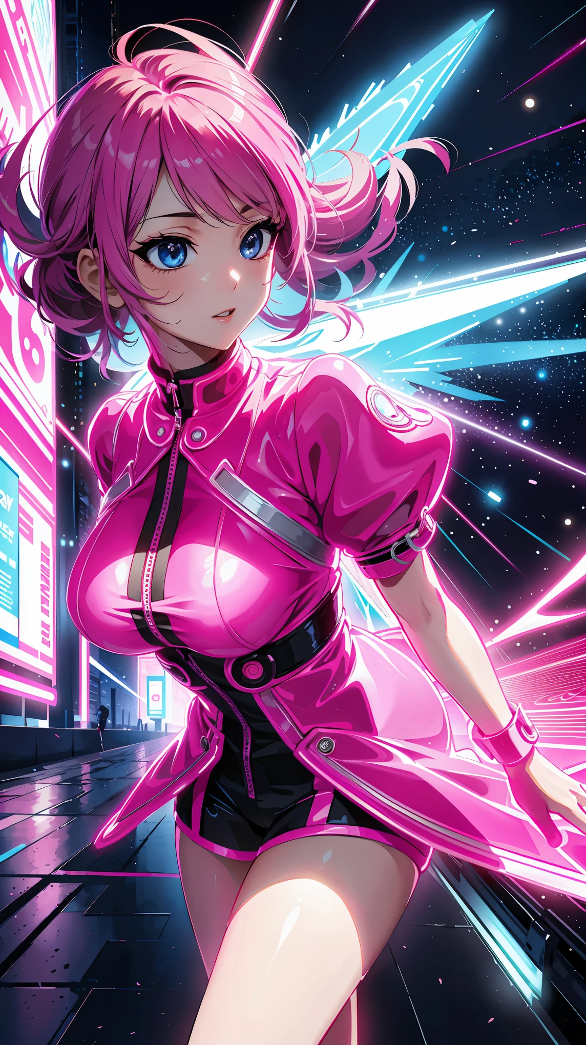 (highest quality、4k、8K、High resolution、masterpiece:1.2)、Super detailed、(anime style、realistic:1.37)、girl wearing neon clothes、neon light、bright colors、Shining atmosphere、futuristic fashion、shiny fabric、neon sign、lively streetscape、confident pose、vibrant energy、nightlife feeling、 dynamic movement、creative patterns、Intense saturation、edgy style、kaleidoscope reflection、Fashion Forward、fluorescent light