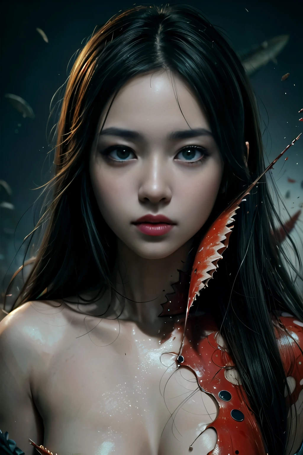 (high quality), (masterpiece), (detailed), 8K, Hyper-realistic portrayal of a futuristic (1girl1.2), Japanese character amidst a shocking bloodbath with sharks. Meticulous details capture the intensity, blending tradition and futuristic elements in this visually stunning and dramatic composition. Trending on Artstation.