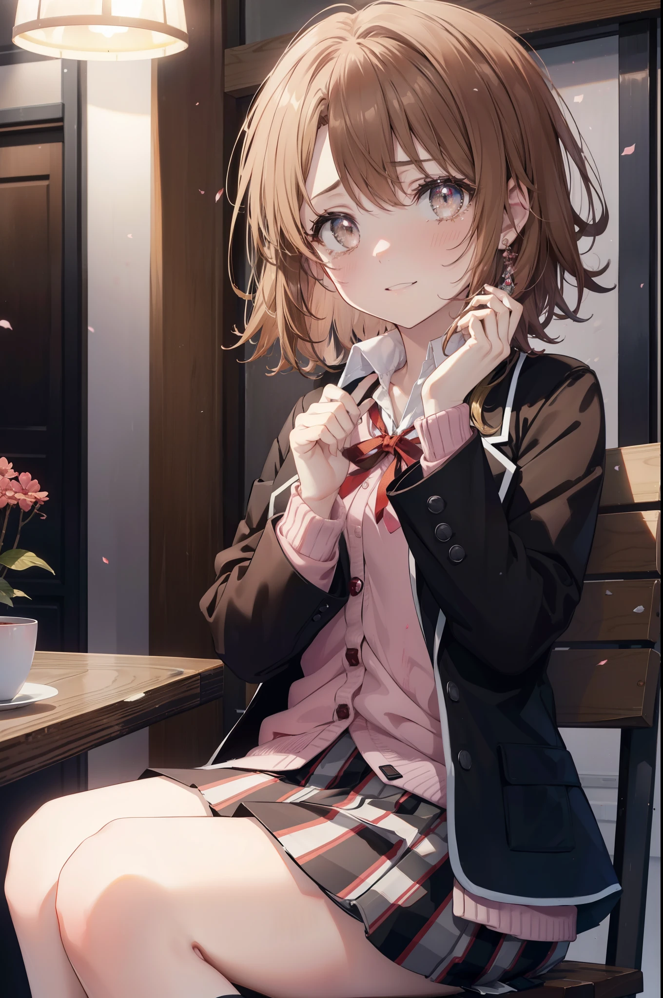 irohaisshiki, Isshiki Iroha, short hair, light brown hair, (brown ruby eyes:1.5), smile,tears run down her face,tears of joy、I cry a lot、break skirt, shirt, ribbon, , Jacket, white shirt, open clothes, socks, open Jacket, black Jacket, plaid, knee high, plaid skirt, blazer, cardigan, black socks, pink cardigan,Cake Buffet, the room is expensive ,birthday,There is a birthday cake on the table,sitting in a chair,confetti,
break indoors,coffee shop ,
break looking at viewer,
break (masterpiece:1.2), highest quality, High resolution, unity 8k wallpaper, (shape:0.8), (beautiful and detailed eyes:1.6), highly detailed face, perfect lighting, Very detailed CG, (perfect hands, perfect anatomy),