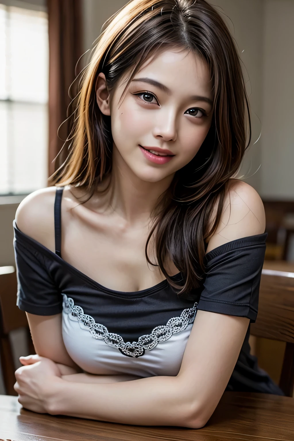 ((realistic light, highest quality, 8K, table top: 1.3)), 1 girl, beauty of slim body: 1.4, brown hair, (((super big: 1.3)), off shoulder cut top: 1.3, highly detailed face, fine eyes, double eyelid, my room, smile, cleavage, saggy breasts, (((beauty of saggy breasts))