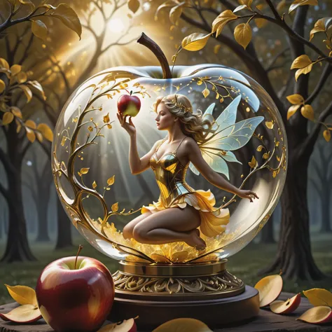 photograph, photorealistic, ultra-realistic, intricately detailed, wide angle, fine fractal glossy vivid colored shiny contours outlines of a glass apple with a ("a glowing golden flying female fairy uses her wand to transform a tree to solid gold.") insid...
