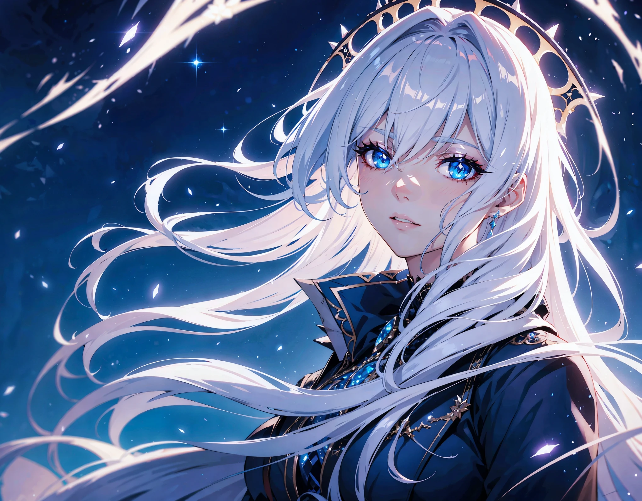 Hyperdetailed artwork of a Vampire Princess, White hair,sparkle ombre effects, queen on the night, perfect composition, hyperdetailed textures, beautiful blue eyes, 12k resolution, masterful technique, cinematic lighting, soft volumetric lighting