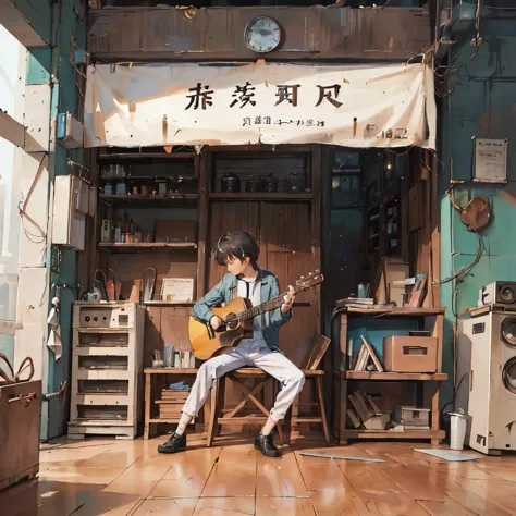 An artisan works diligently in a cluttered guitar and musical instrument repair workshop. Surrounded by a sea of various musical...